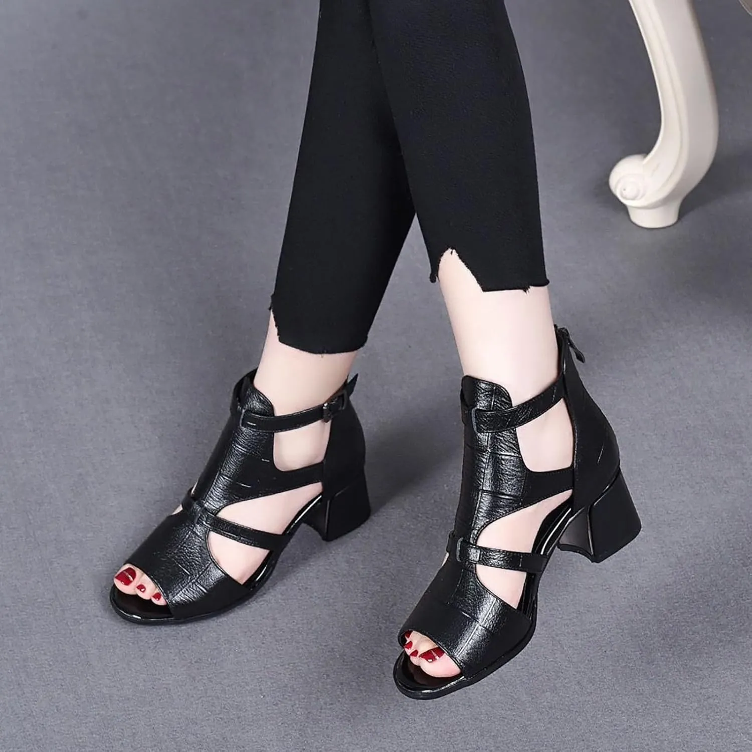 Women's Peep Toe Chunky Heel High Top Sandals Summer Side Cutout Back Ankle Strap Buckle Zipper Booties Sexy Open Toe Outdoor Ladies Wedding Roman Sandals heeled sandals