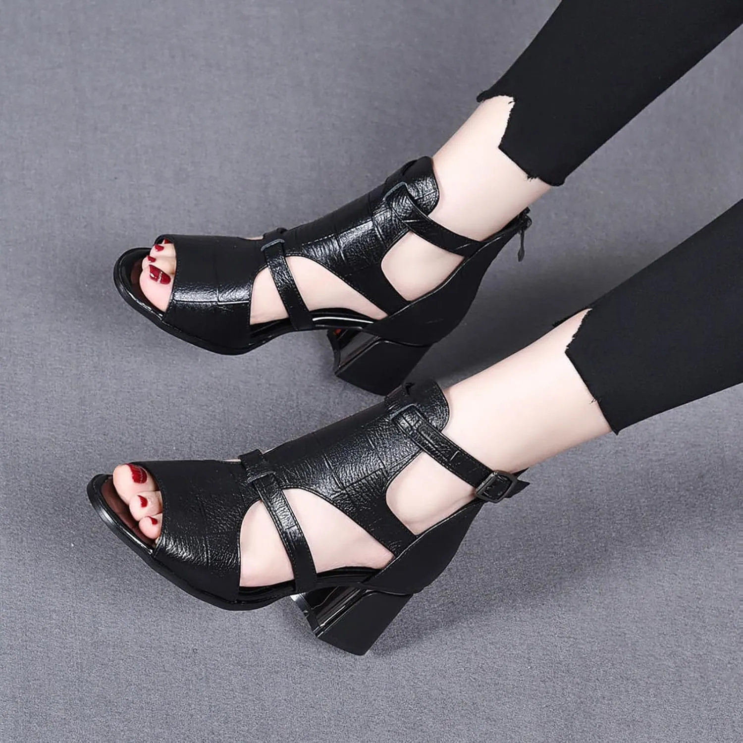 Women's Peep Toe Chunky Heel High Top Sandals Summer Side Cutout Back Ankle Strap Buckle Zipper Booties Sexy Open Toe Outdoor Ladies Wedding Roman Sandals heeled sandals