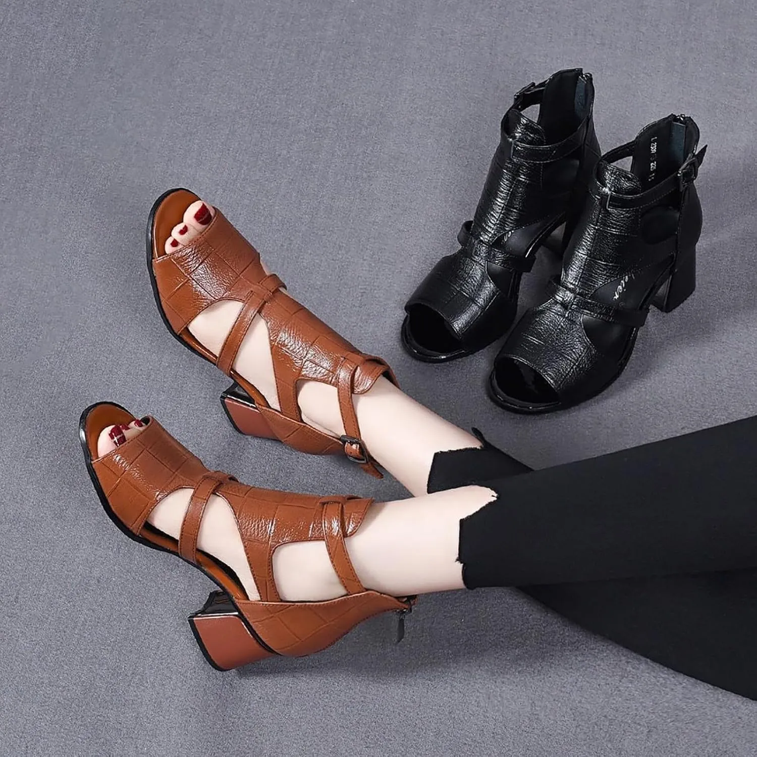 Women's Peep Toe Chunky Heel High Top Sandals Summer Side Cutout Back Ankle Strap Buckle Zipper Booties Sexy Open Toe Outdoor Ladies Wedding Roman Sandals heeled sandals