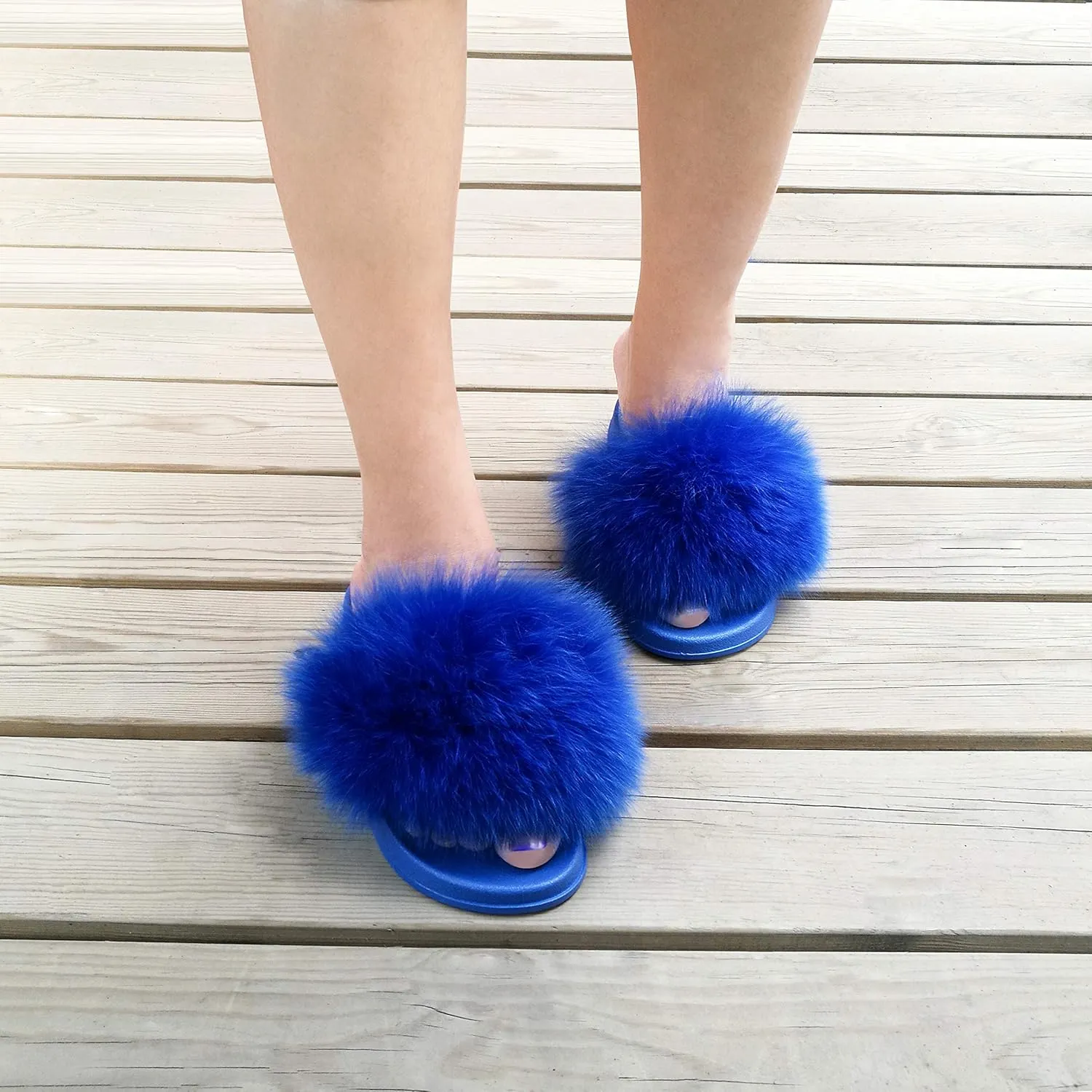 Women's Real Fox Fur Slides, Fluffy Fur Sandals for Indoor/Outdoor Comfort