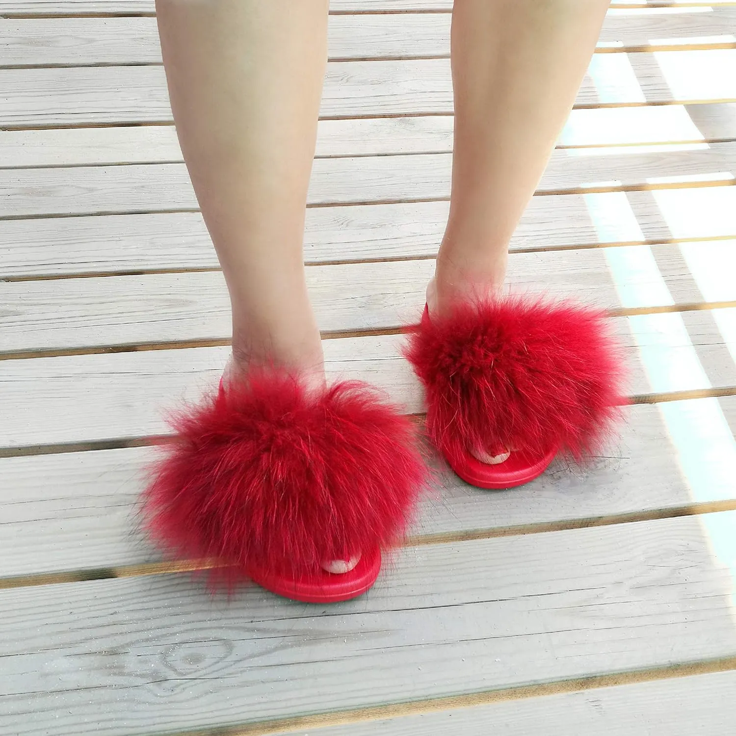 Women's Real Fox Fur Slides, Fluffy Fur Sandals for Indoor/Outdoor Comfort