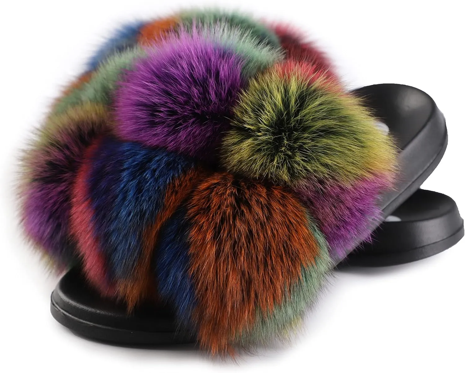 Women's Real Fox Fur Slides, Fluffy Fur Sandals for Indoor/Outdoor Comfort