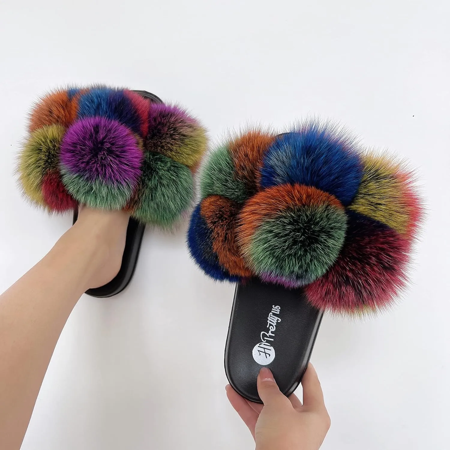 Women's Real Fox Fur Slides, Fluffy Fur Sandals for Indoor/Outdoor Comfort