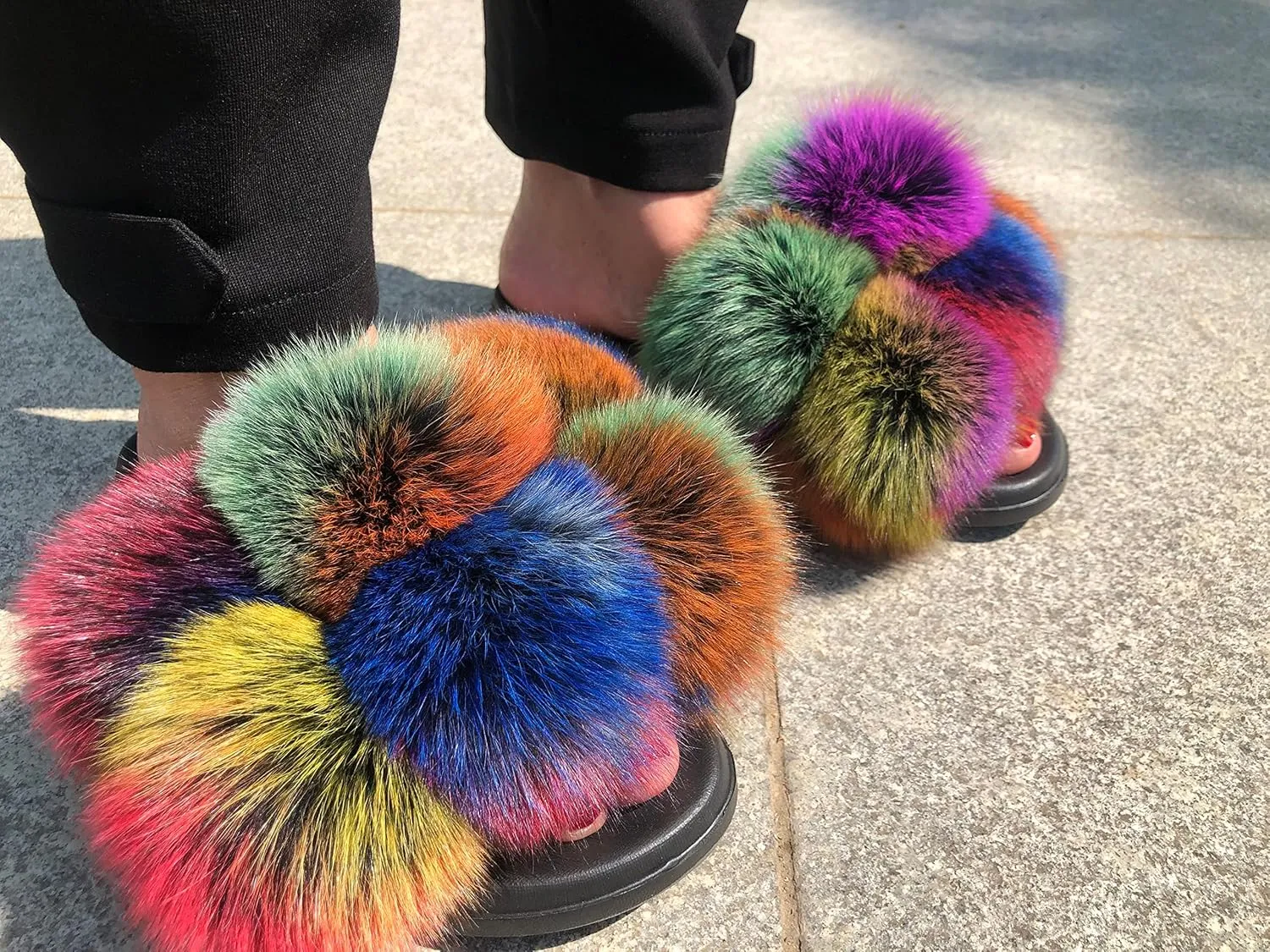 Women's Real Fox Fur Slides, Fluffy Fur Sandals for Indoor/Outdoor Comfort