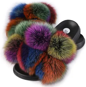 Women's Real Fox Fur Slides, Fluffy Fur Sandals for Indoor/Outdoor Comfort
