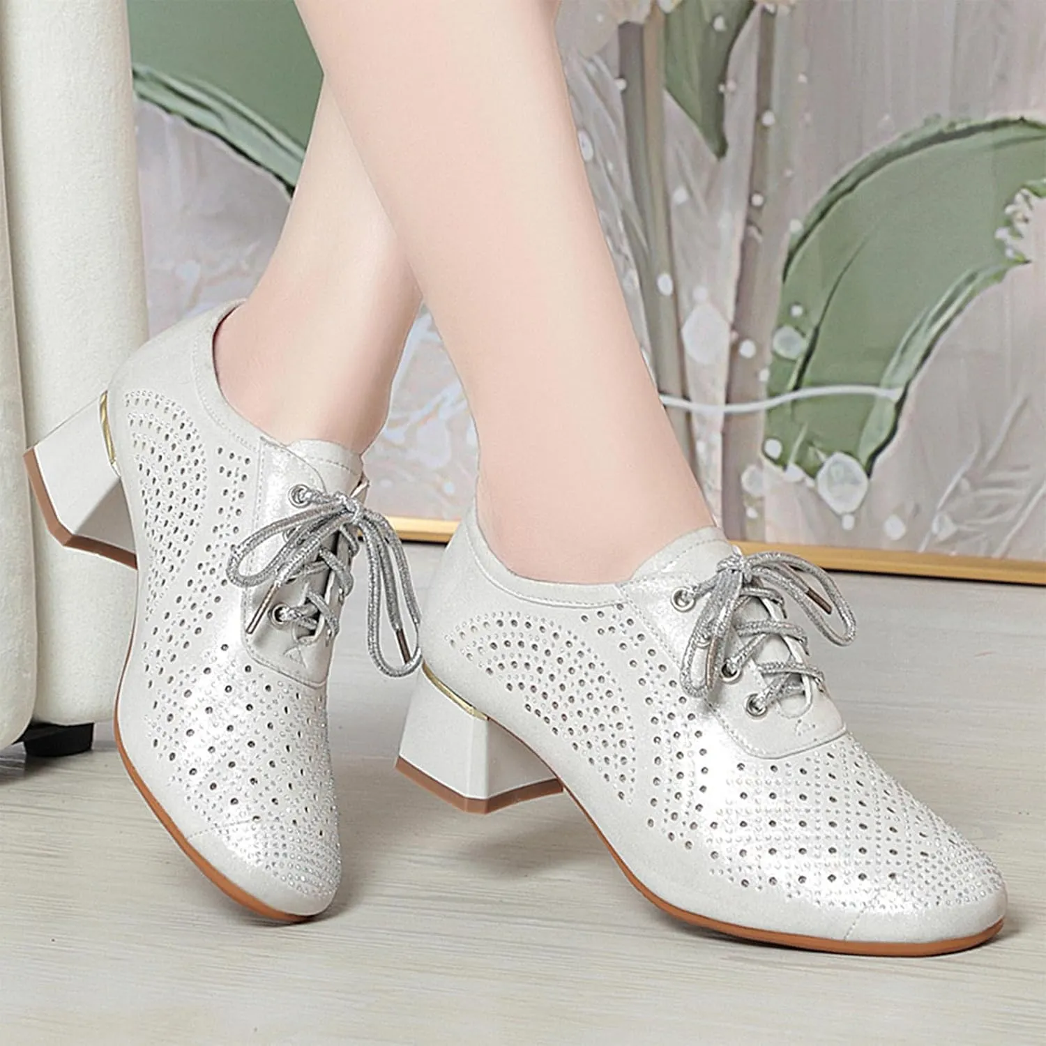 Womens Rhinestone Leather Chunky Heels Oxfords Fashion Pointed Toe Low Block Heel Cutout Lace Up Dress Pumps for Everyday Party Evening Night Dates