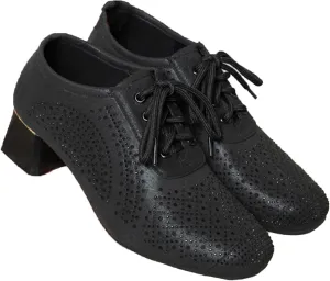 Womens Rhinestone Leather Chunky Heels Oxfords Fashion Pointed Toe Low Block Heel Cutout Lace Up Dress Pumps for Everyday Party Evening Night Dates