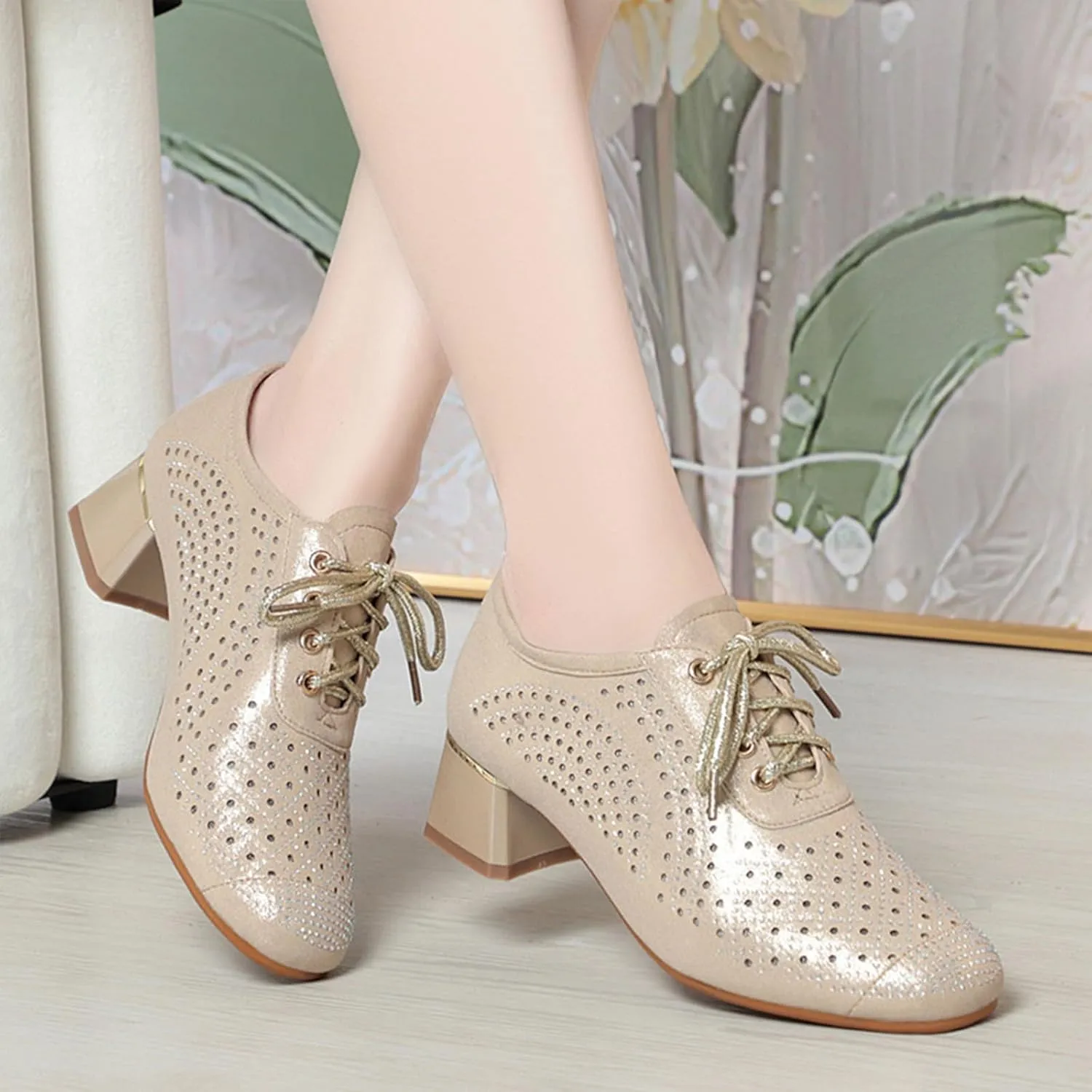 Womens Rhinestone Leather Chunky Heels Oxfords Fashion Pointed Toe Low Block Heel Cutout Lace Up Dress Pumps for Everyday Party Evening Night Dates