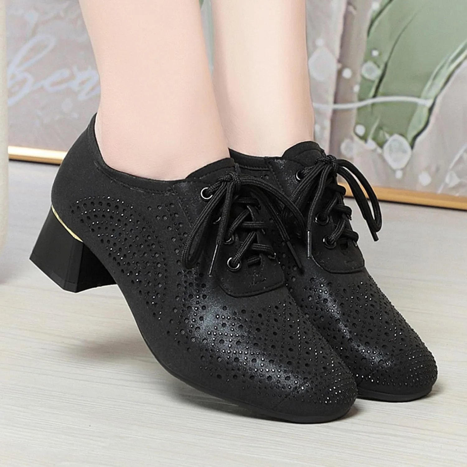 Womens Rhinestone Leather Chunky Heels Oxfords Fashion Pointed Toe Low Block Heel Cutout Lace Up Dress Pumps for Everyday Party Evening Night Dates