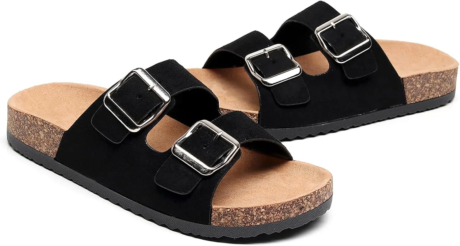 Womens Sandals Cork Footbed Slide Comfortable Summer Beach Shoes Suede Leather with Arch Support Slippers Adjustable Buckle Rubber Sole