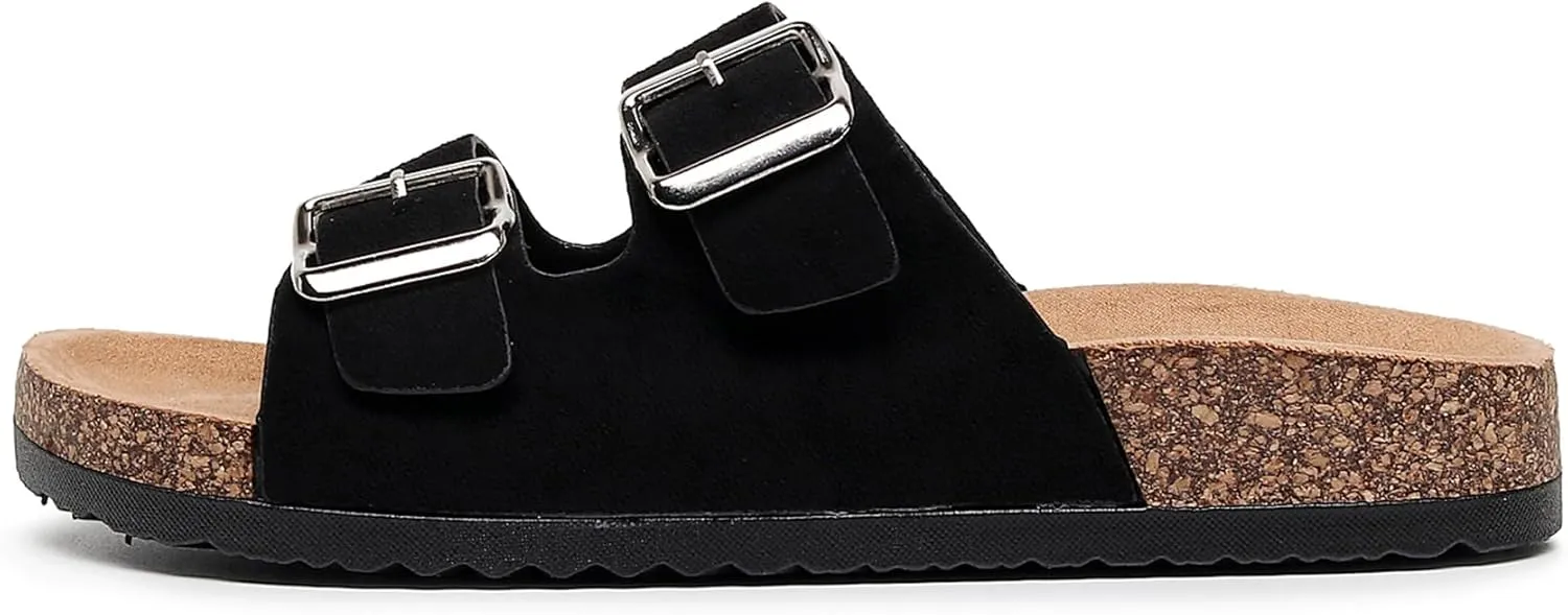Womens Sandals Cork Footbed Slide Comfortable Summer Beach Shoes Suede Leather with Arch Support Slippers Adjustable Buckle Rubber Sole