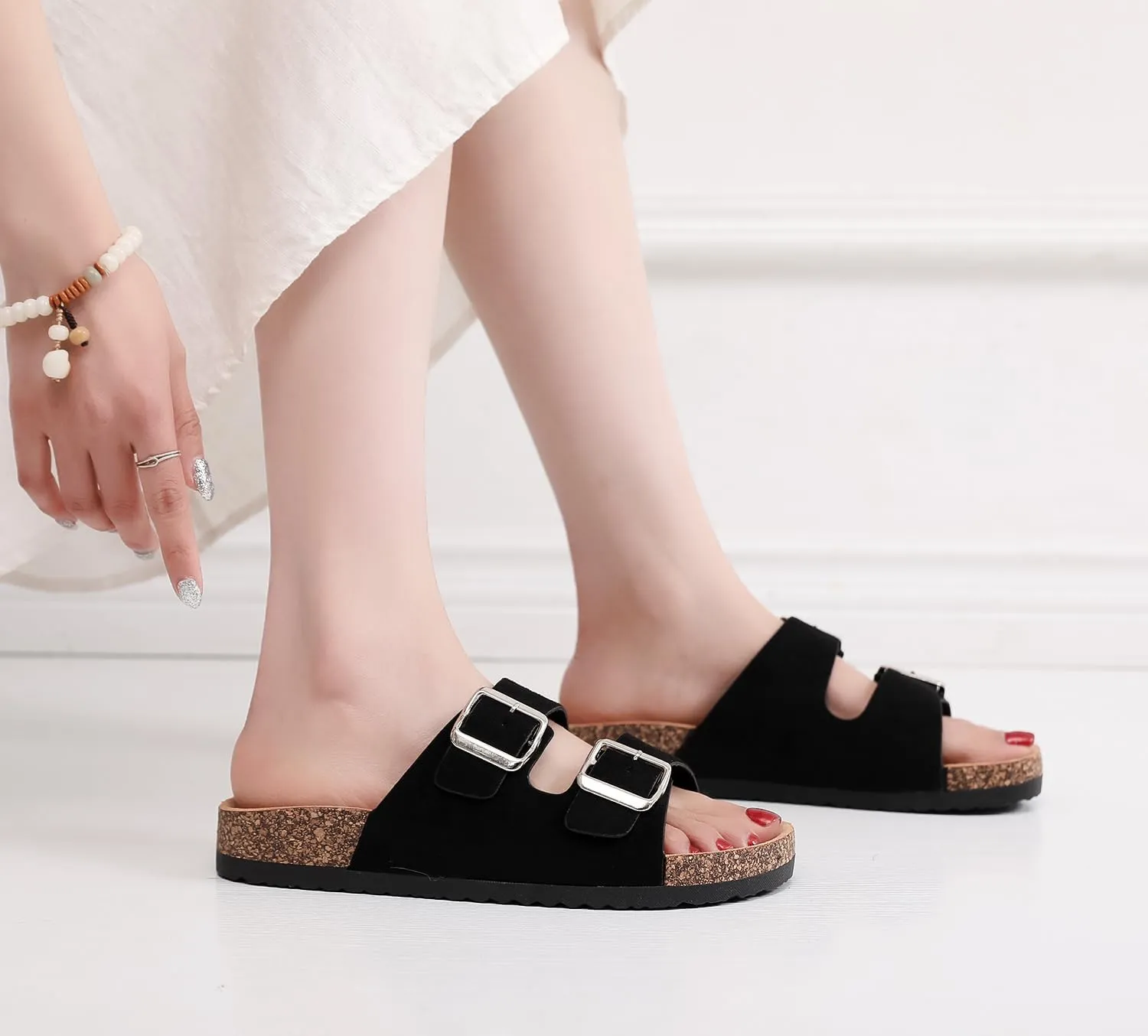 Womens Sandals Cork Footbed Slide Comfortable Summer Beach Shoes Suede Leather with Arch Support Slippers Adjustable Buckle Rubber Sole