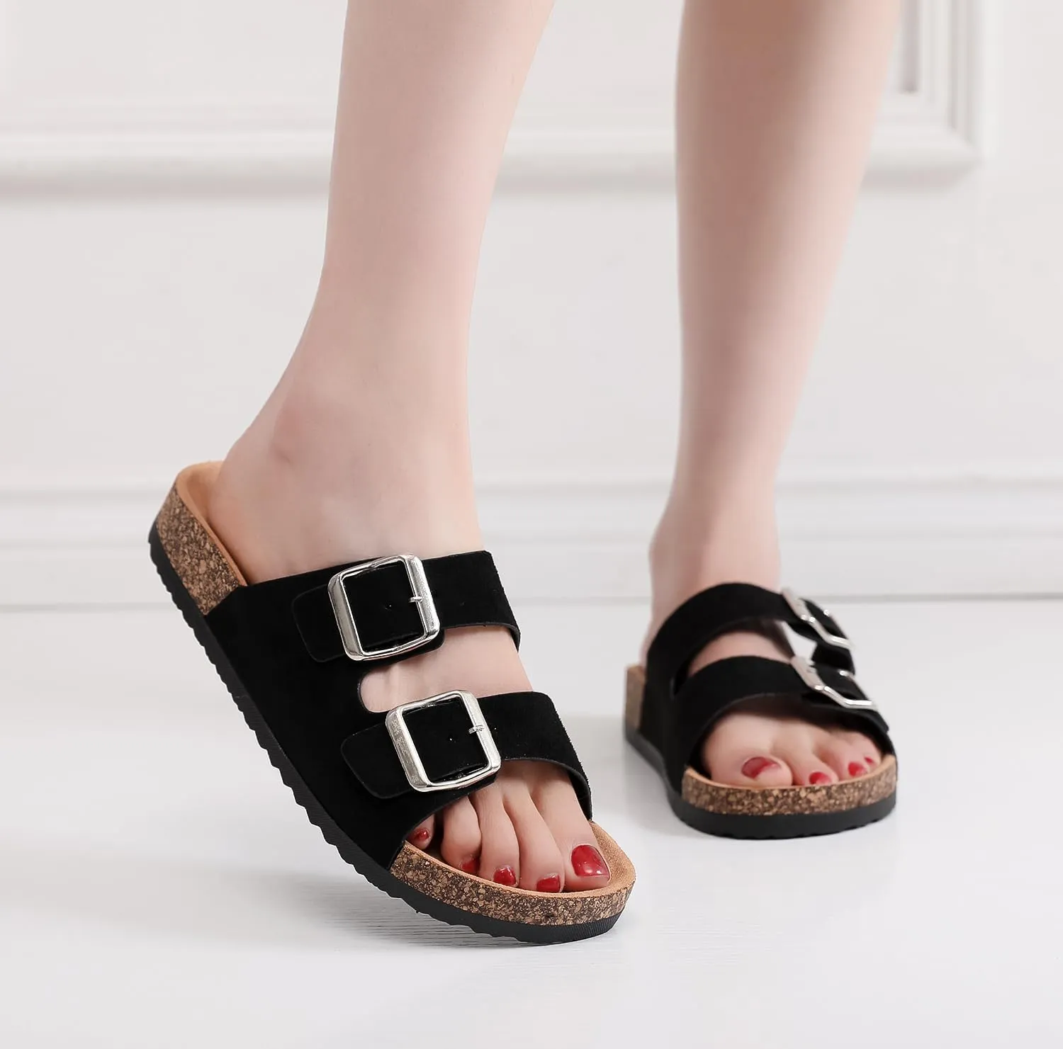 Womens Sandals Cork Footbed Slide Comfortable Summer Beach Shoes Suede Leather with Arch Support Slippers Adjustable Buckle Rubber Sole