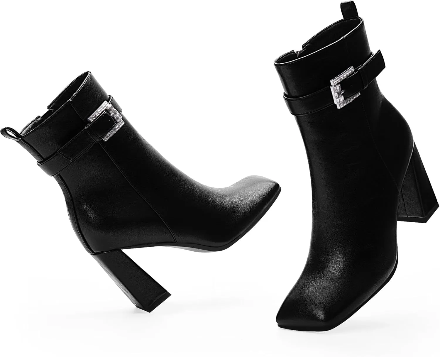 Women's Sexy Rhinestone High Heel Square Toe Ankle Boots Buckle Strap Dress Booties
