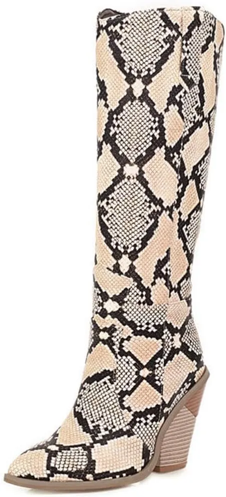 Womens Snake Print Knee High Boots Fashion Chunky Heel Pointed Toe Cowboy Boots Western Snakeskin Cowgirl Boots