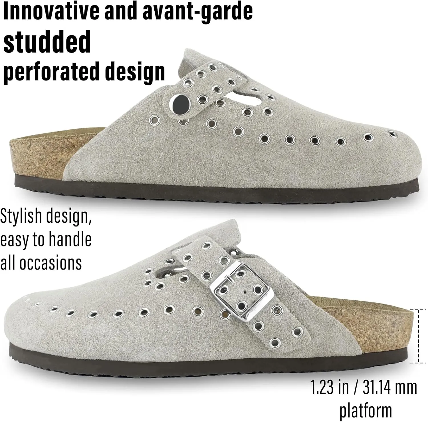 Women's Suede Clogs Leather Mules Cork Footbed Rivet Potato Shoes with Arch Support Men's Comfort Slip-On Clogs