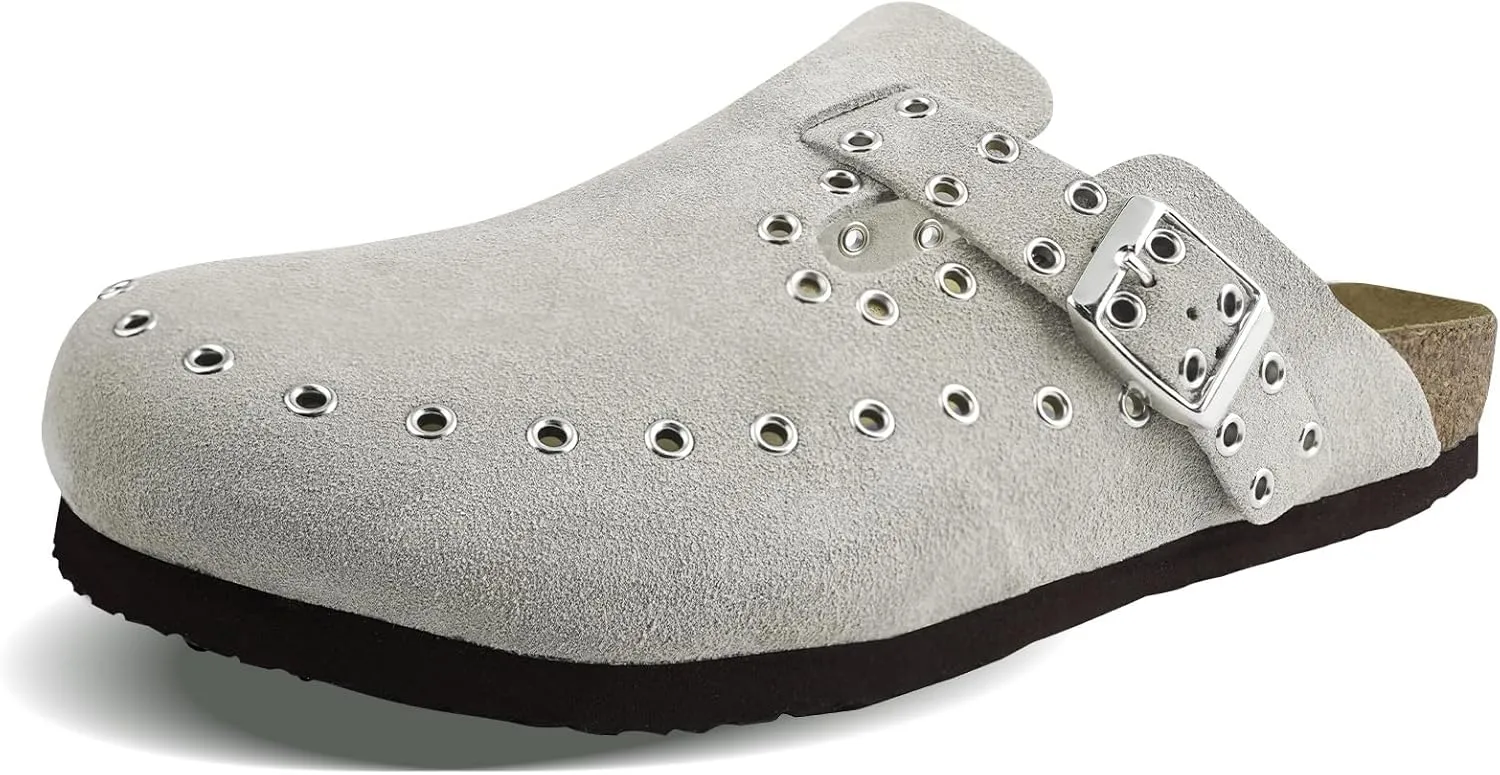 Women's Suede Clogs Leather Mules Cork Footbed Rivet Potato Shoes with Arch Support Men's Comfort Slip-On Clogs