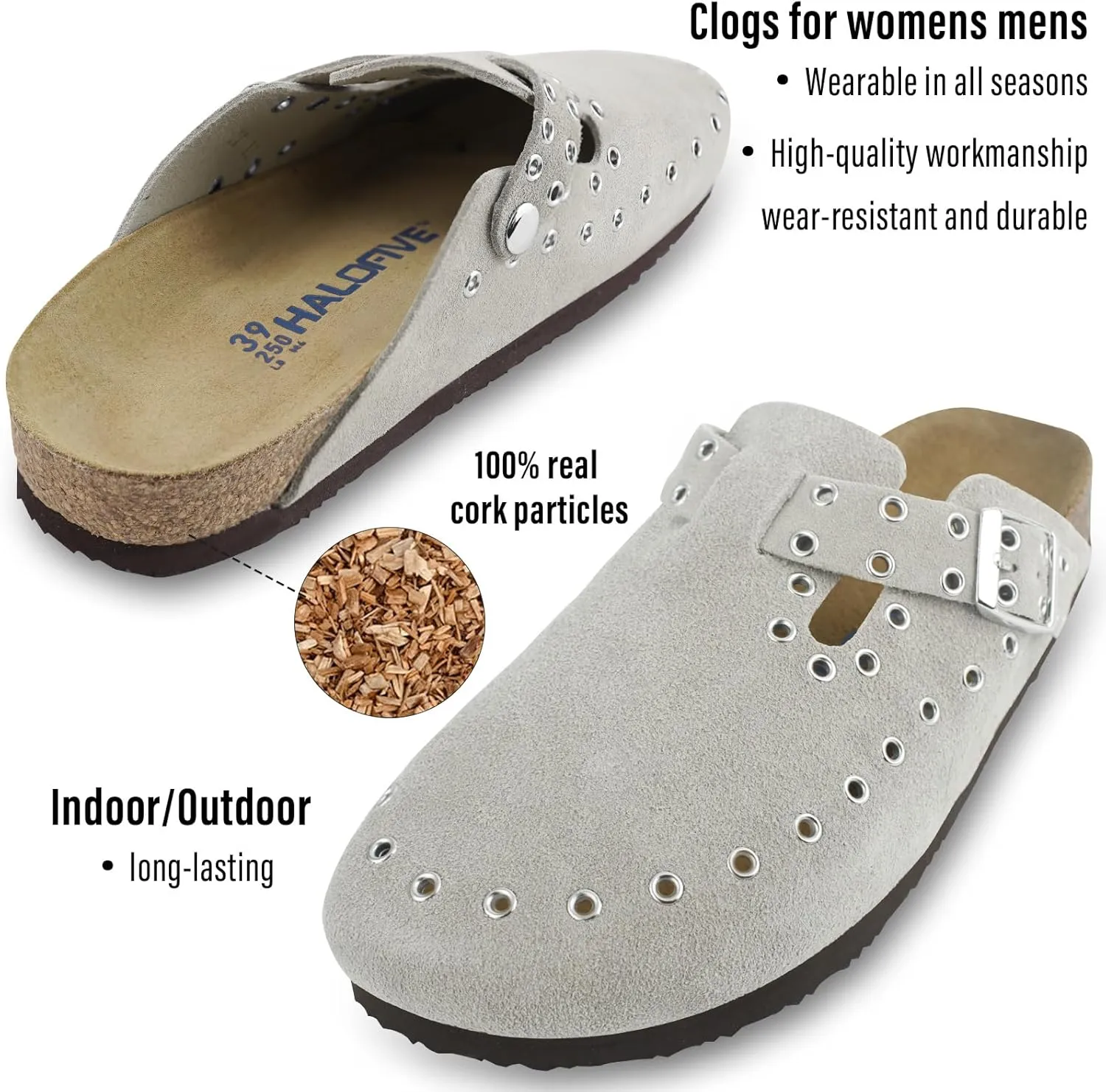 Women's Suede Clogs Leather Mules Cork Footbed Rivet Potato Shoes with Arch Support Men's Comfort Slip-On Clogs