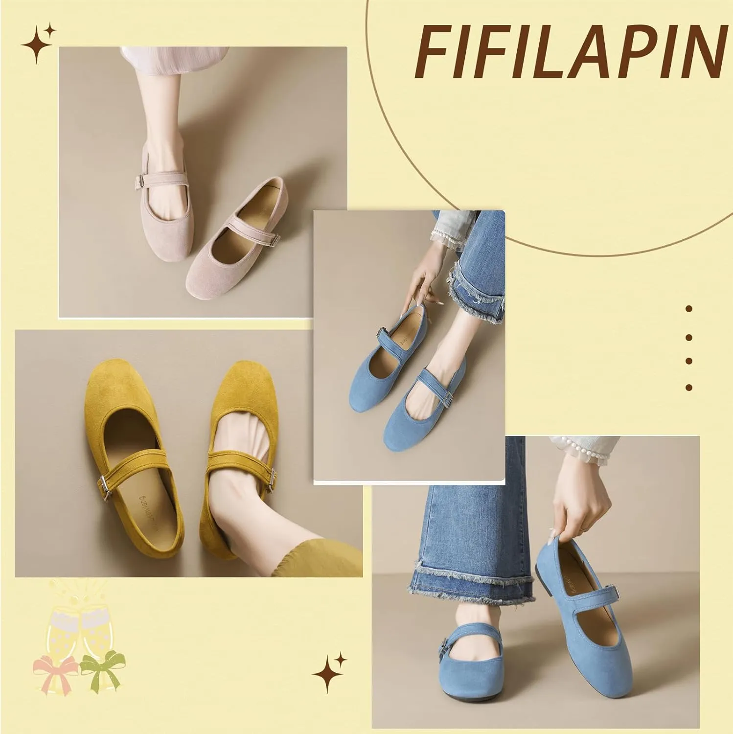 Women's Suede Mary Jane Flats with Buckle Comfort Round Toe Soft Sole Non-Slip Ballet Pumps for Leisure, Walking, Shopping