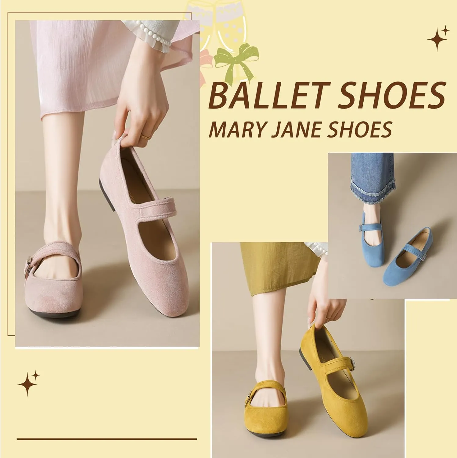 Women's Suede Mary Jane Flats with Buckle Comfort Round Toe Soft Sole Non-Slip Ballet Pumps for Leisure, Walking, Shopping