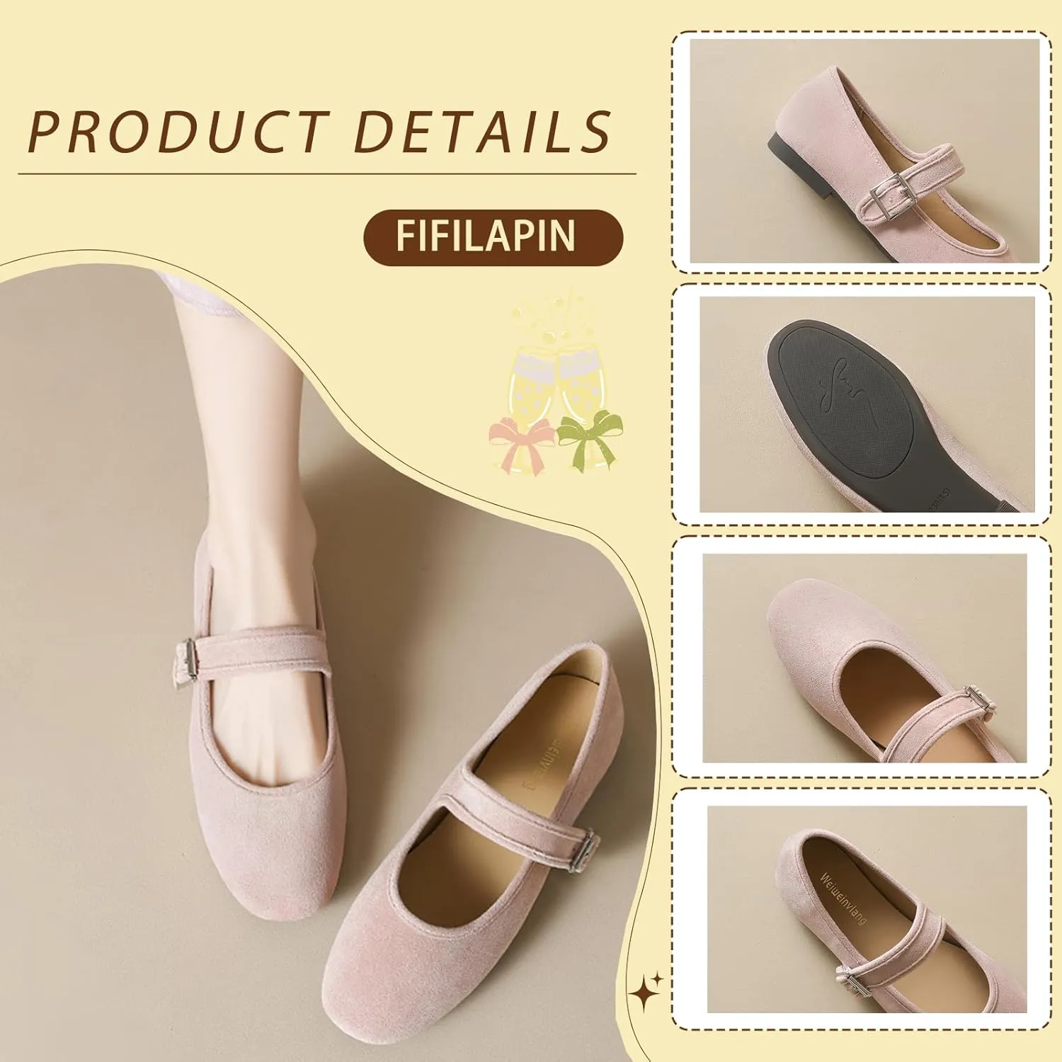 Women's Suede Mary Jane Flats with Buckle Comfort Round Toe Soft Sole Non-Slip Ballet Pumps for Leisure, Walking, Shopping