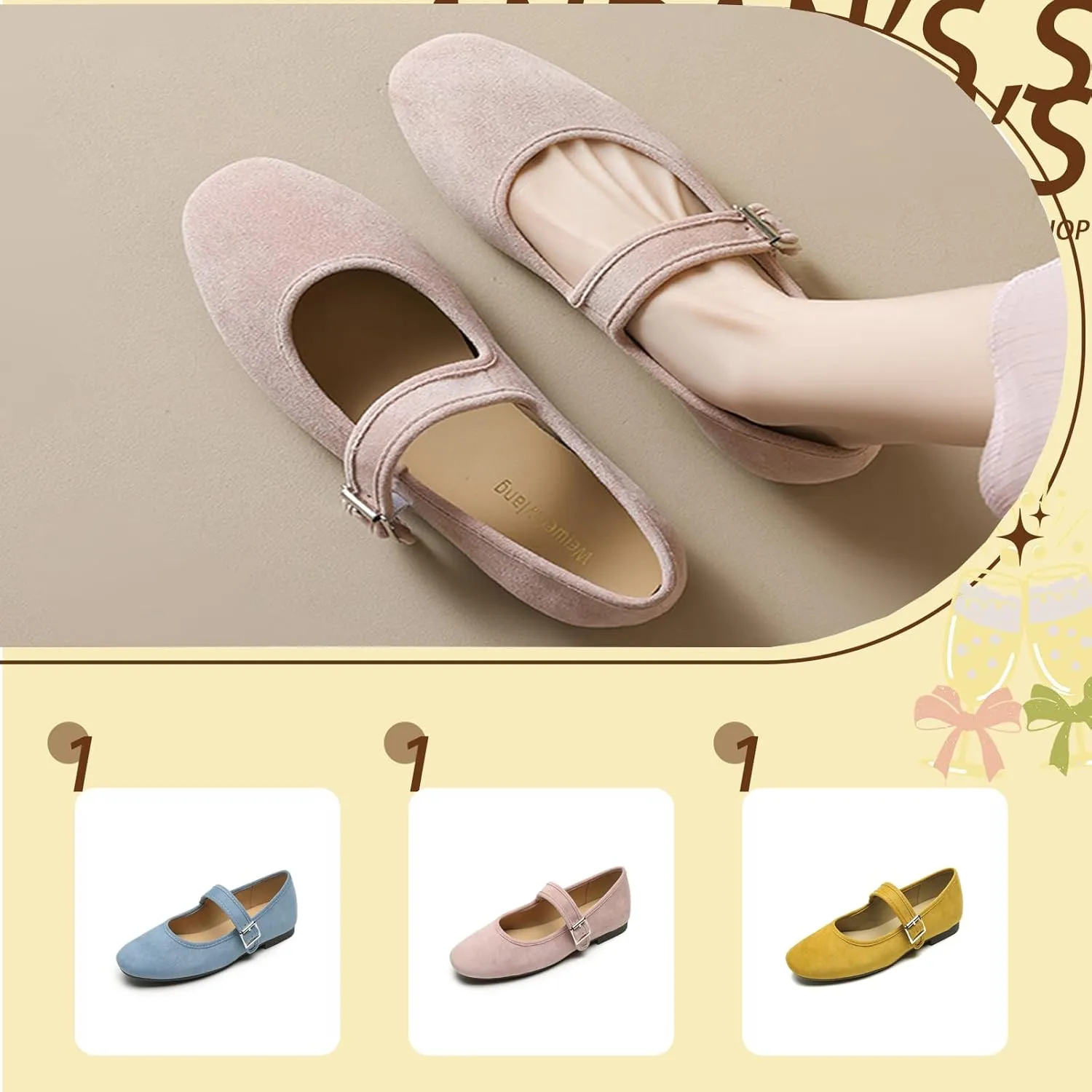 Women's Suede Mary Jane Flats with Buckle Comfort Round Toe Soft Sole Non-Slip Ballet Pumps for Leisure, Walking, Shopping