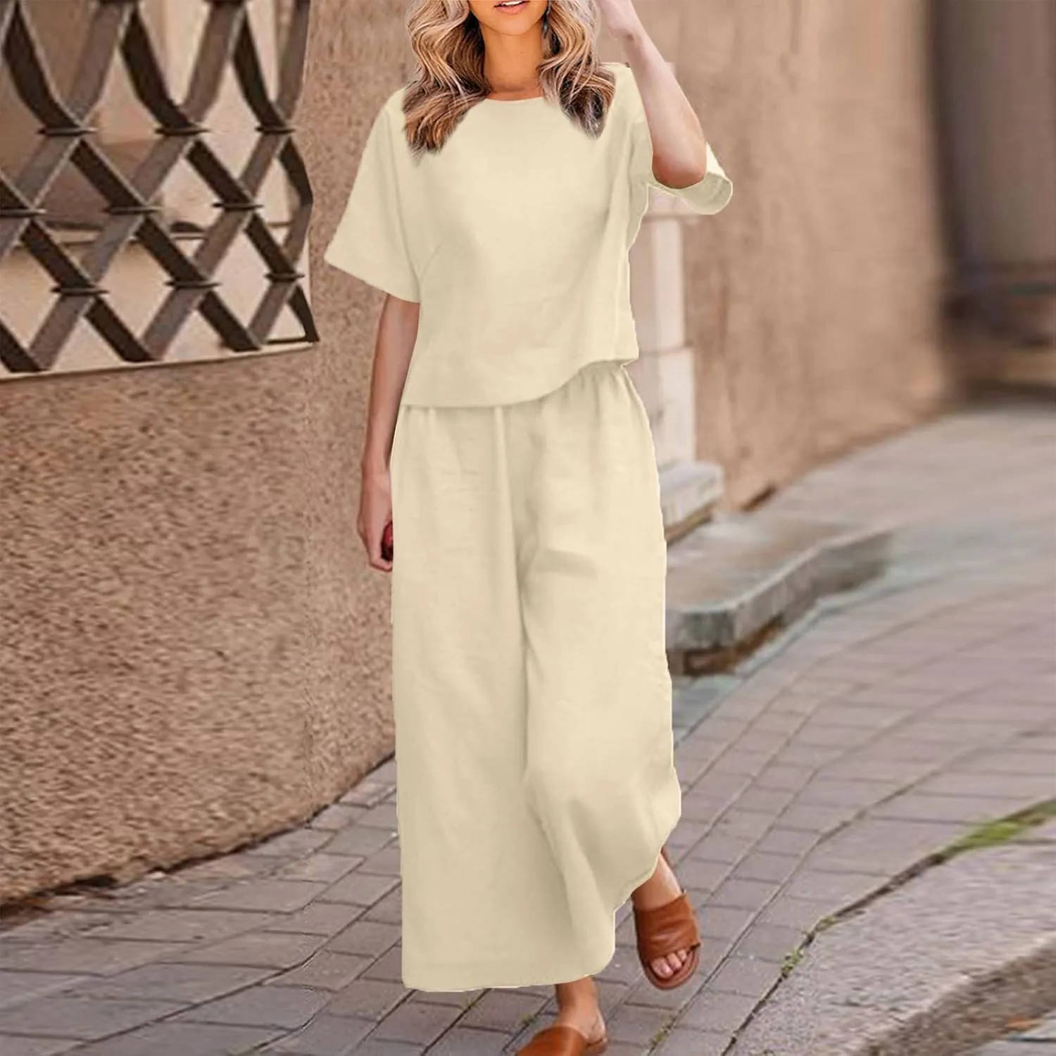 Womens Summer 2 Piece Outfits 2024 Loose Short Sleeve Tops Wide Leg Pants Matching Lounge Set Beach Vacation Clothes