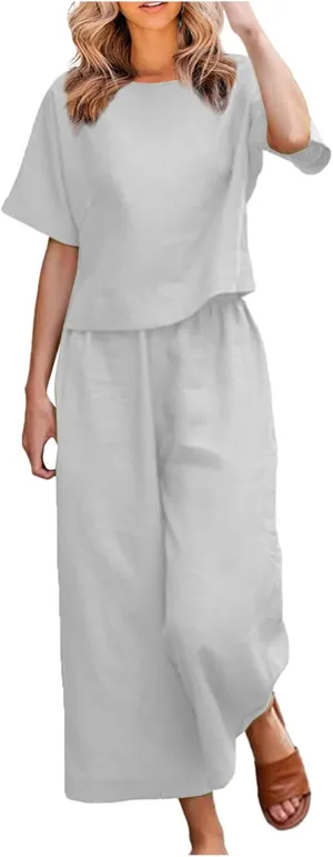 Womens Summer 2 Piece Outfits 2024 Loose Short Sleeve Tops Wide Leg Pants Matching Lounge Set Beach Vacation Clothes
