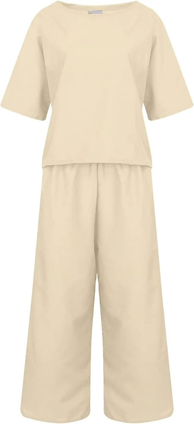 Womens Summer 2 Piece Outfits 2024 Loose Short Sleeve Tops Wide Leg Pants Matching Lounge Set Beach Vacation Clothes