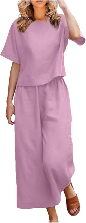Womens Summer 2 Piece Outfits 2024 Loose Short Sleeve Tops Wide Leg Pants Matching Lounge Set Beach Vacation Clothes