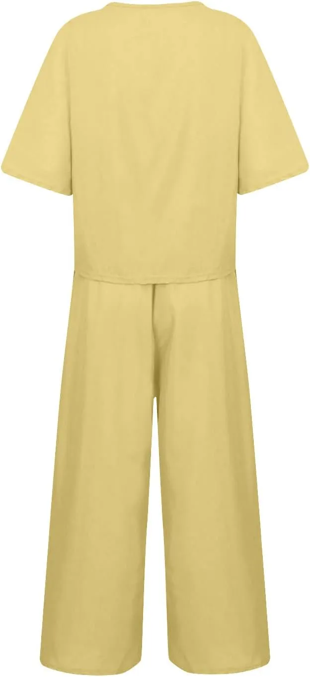 Womens Summer 2 Piece Outfits 2024 Loose Short Sleeve Tops Wide Leg Pants Matching Lounge Set Beach Vacation Clothes