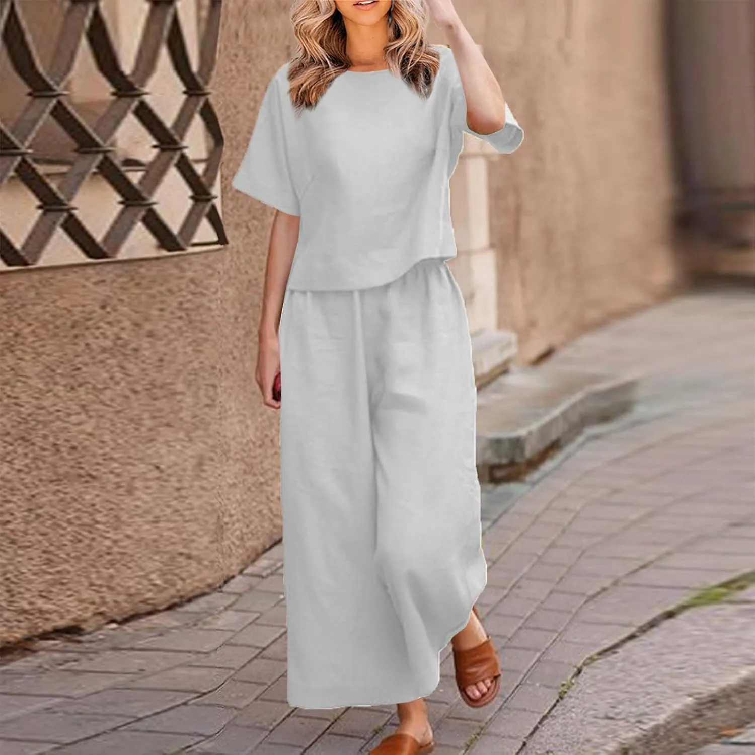 Womens Summer 2 Piece Outfits 2024 Loose Short Sleeve Tops Wide Leg Pants Matching Lounge Set Beach Vacation Clothes