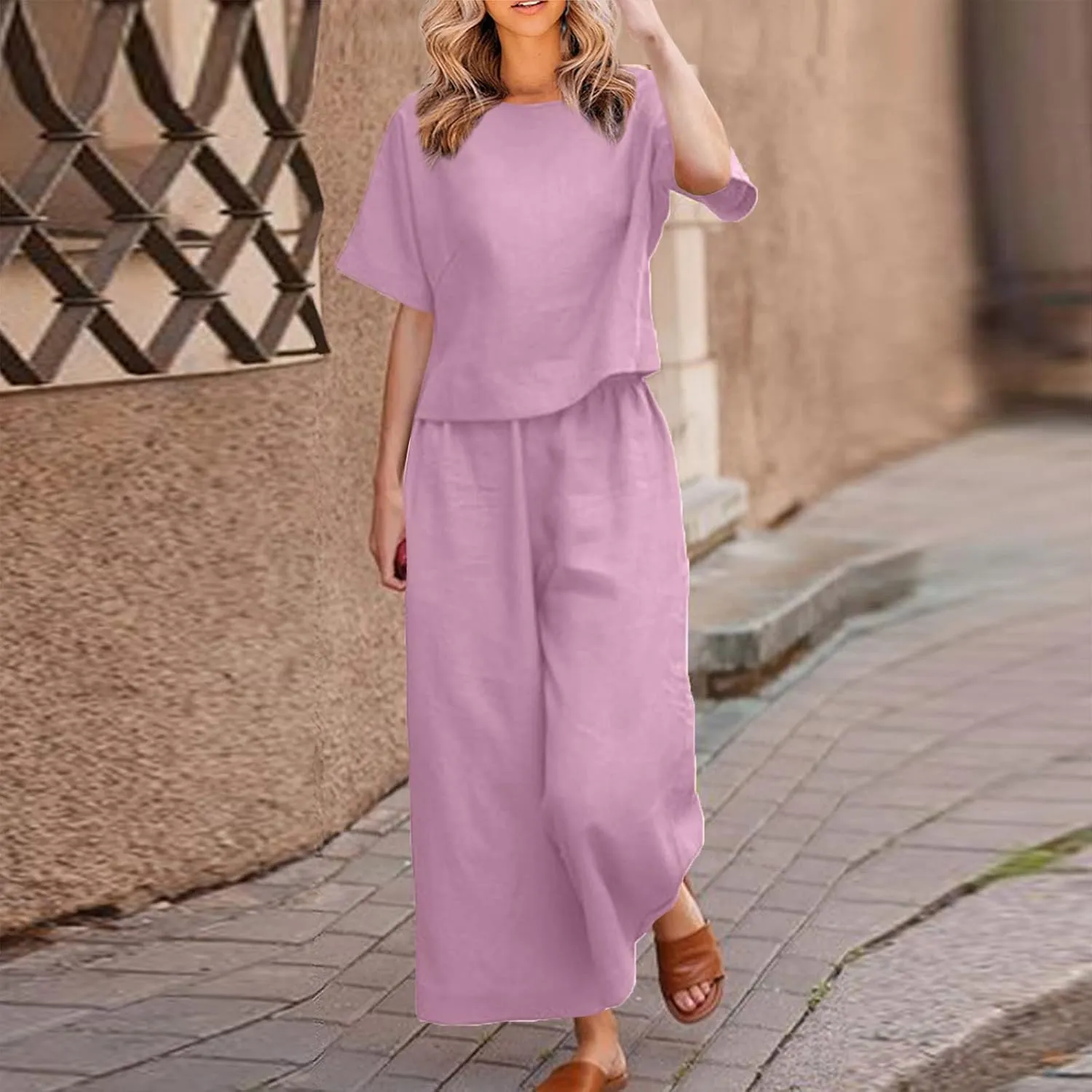 Womens Summer 2 Piece Outfits 2024 Loose Short Sleeve Tops Wide Leg Pants Matching Lounge Set Beach Vacation Clothes