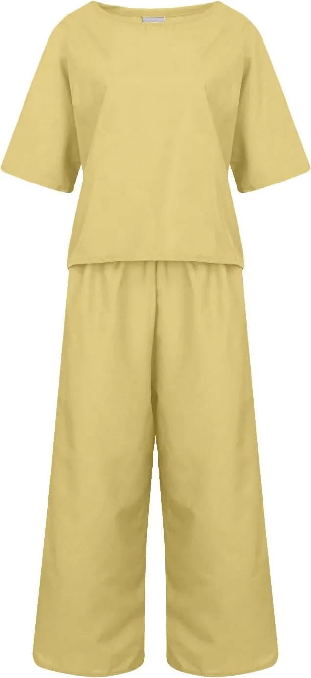 Womens Summer 2 Piece Outfits 2024 Loose Short Sleeve Tops Wide Leg Pants Matching Lounge Set Beach Vacation Clothes