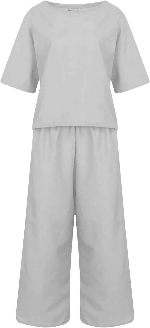 Womens Summer 2 Piece Outfits 2024 Loose Short Sleeve Tops Wide Leg Pants Matching Lounge Set Beach Vacation Clothes