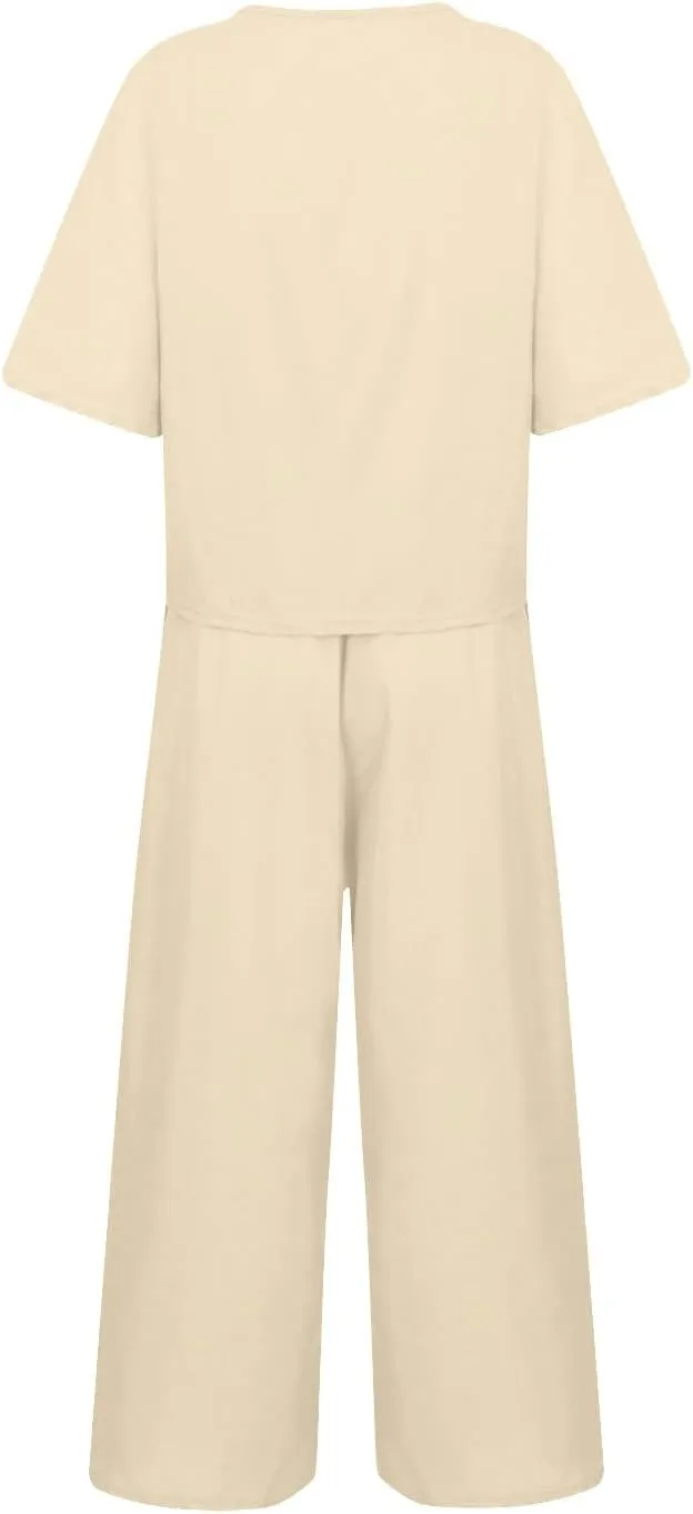 Womens Summer 2 Piece Outfits 2024 Loose Short Sleeve Tops Wide Leg Pants Matching Lounge Set Beach Vacation Clothes