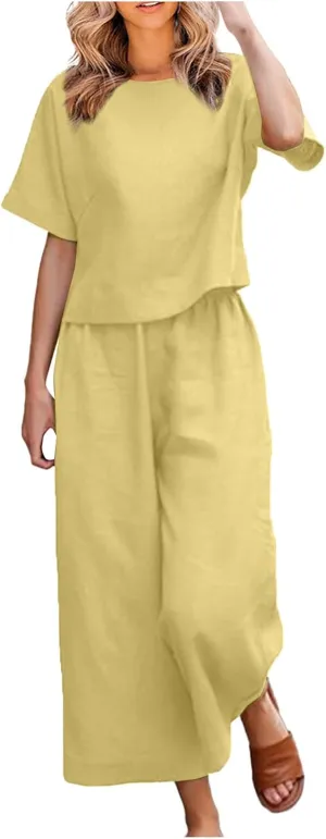 Womens Summer 2 Piece Outfits 2024 Loose Short Sleeve Tops Wide Leg Pants Matching Lounge Set Beach Vacation Clothes