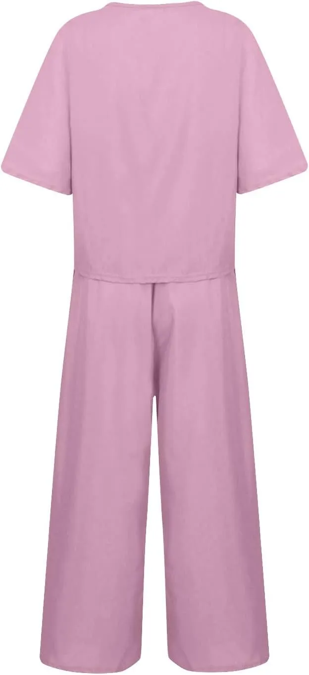 Womens Summer 2 Piece Outfits 2024 Loose Short Sleeve Tops Wide Leg Pants Matching Lounge Set Beach Vacation Clothes