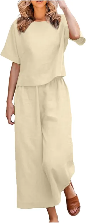 Womens Summer 2 Piece Outfits 2024 Loose Short Sleeve Tops Wide Leg Pants Matching Lounge Set Beach Vacation Clothes