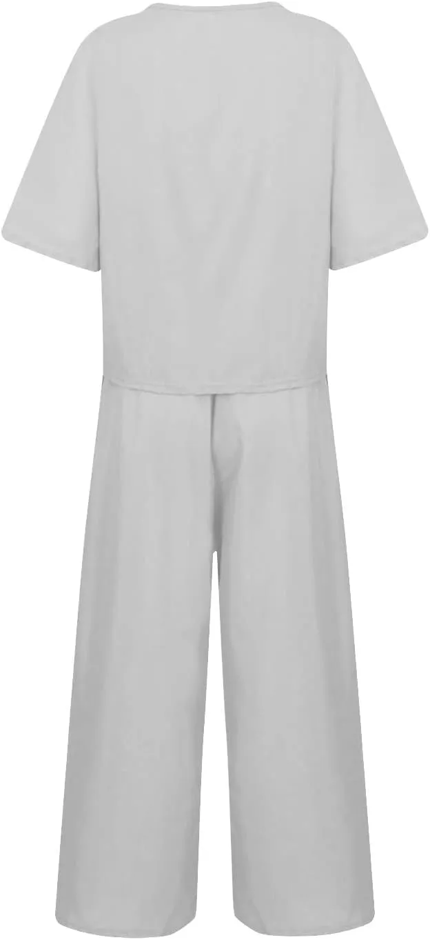 Womens Summer 2 Piece Outfits 2024 Loose Short Sleeve Tops Wide Leg Pants Matching Lounge Set Beach Vacation Clothes