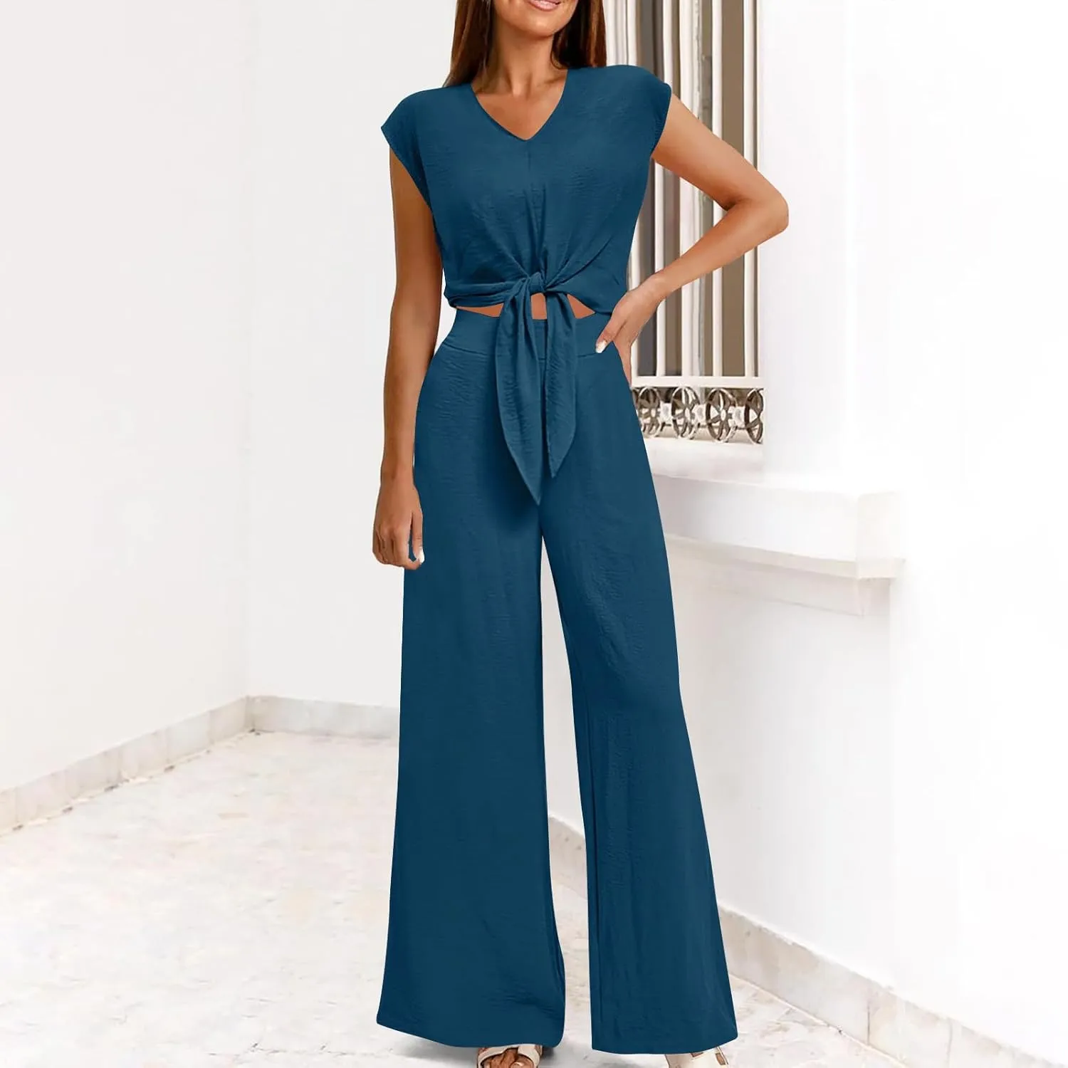 Women's Summer 2 Piece Outfits Beach Vacation Set 2024 Cap Sleeve V Neck Belted Crop Tops Wide Leg Pant Sets Tracksuit