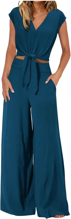 Women's Summer 2 Piece Outfits Beach Vacation Set 2024 Cap Sleeve V Neck Belted Crop Tops Wide Leg Pant Sets Tracksuit