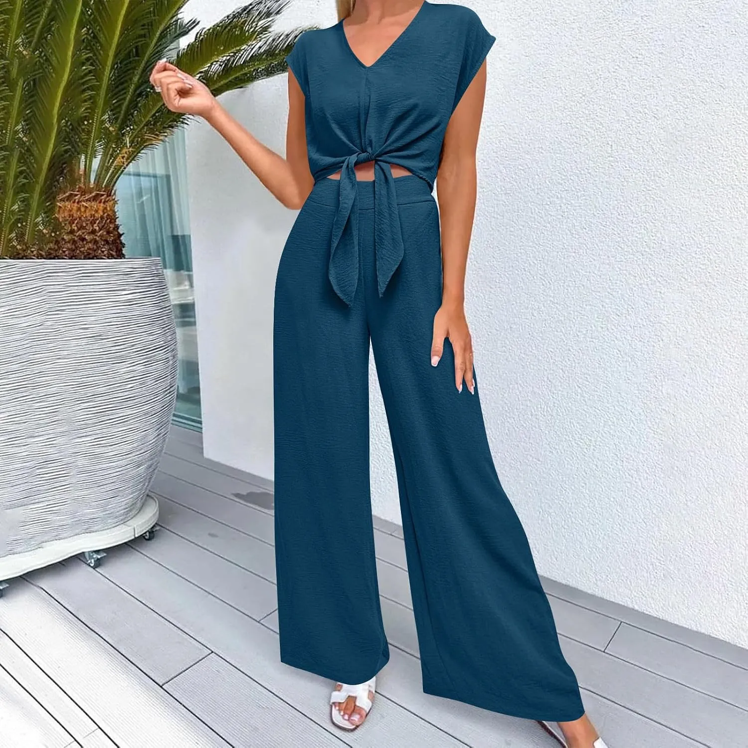 Women's Summer 2 Piece Outfits Beach Vacation Set 2024 Cap Sleeve V Neck Belted Crop Tops Wide Leg Pant Sets Tracksuit