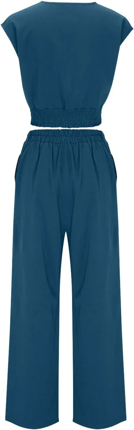 Women's Summer 2 Piece Outfits Beach Vacation Set 2024 Cap Sleeve V Neck Belted Crop Tops Wide Leg Pant Sets Tracksuit