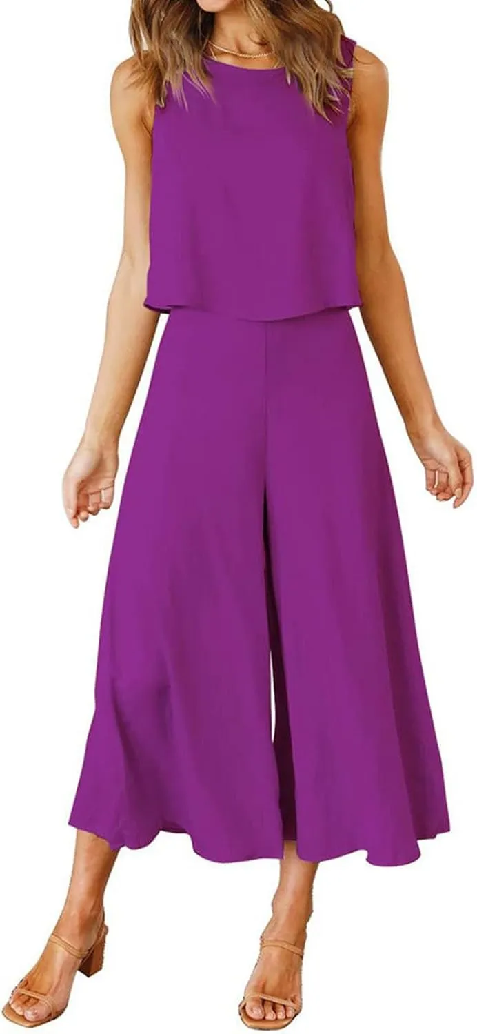 Women's Summer 2 Piece Outfits Sleeveless Crop Top Flowy Wide Leg Capri Pants Matching Sets Vacation Travel Clothes