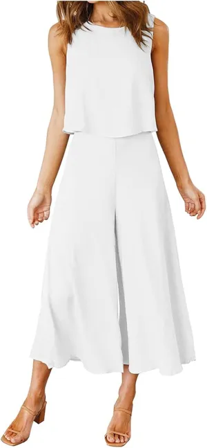 Women's Summer 2 Piece Outfits Sleeveless Crop Top Flowy Wide Leg Capri Pants Matching Sets Vacation Travel Clothes