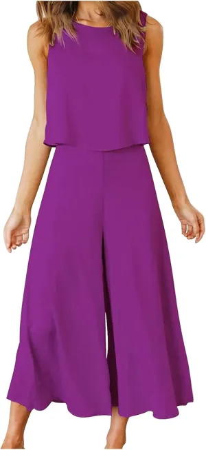 Women's Summer 2 Piece Outfits Sleeveless Crop Top Flowy Wide Leg Capri Pants Matching Sets Vacation Travel Clothes
