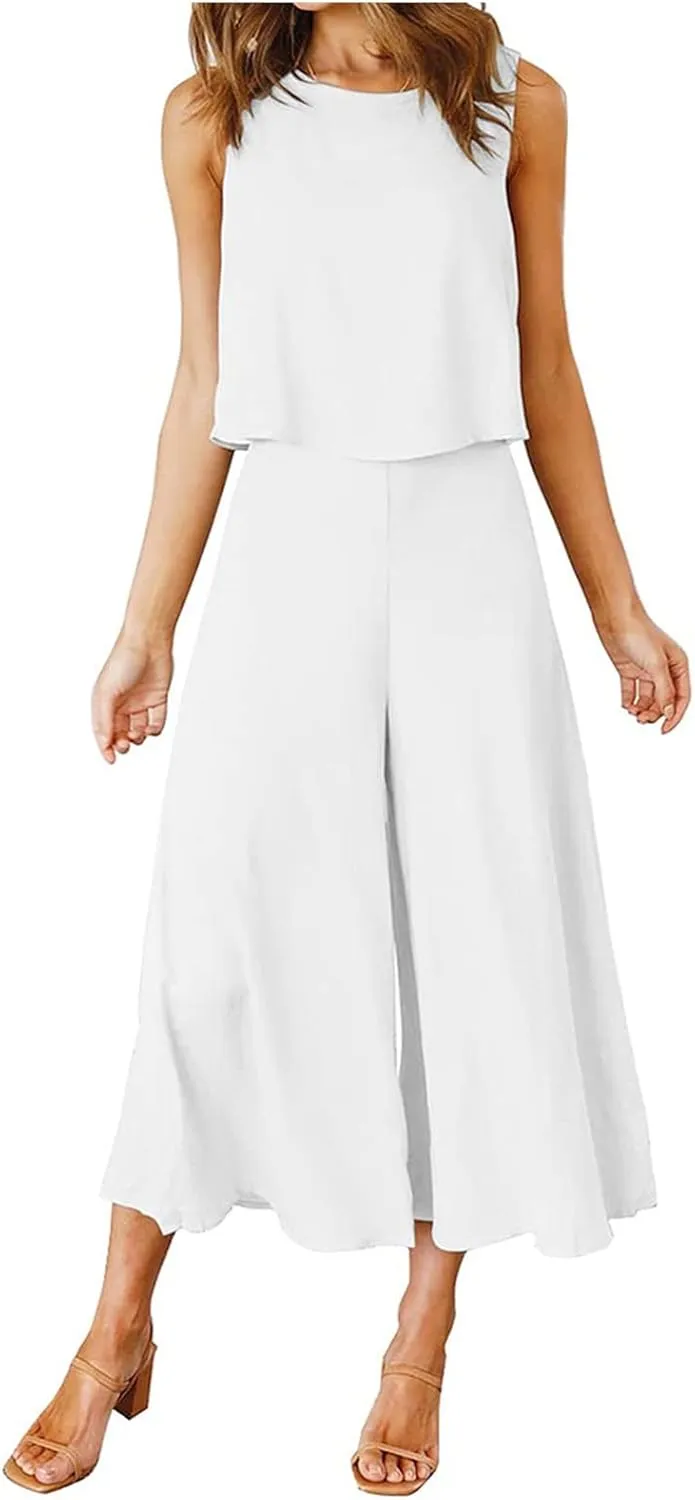 Women's Summer 2 Piece Outfits Sleeveless Crop Top Flowy Wide Leg Capri Pants Matching Sets Vacation Travel Clothes
