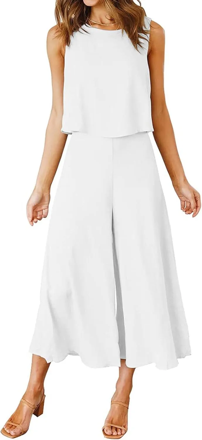 Women's Summer 2 Piece Outfits Sleeveless Crop Top Flowy Wide Leg Capri Pants Matching Sets Vacation Travel Clothes