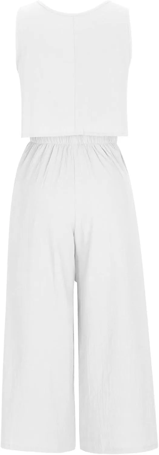 Women's Summer 2 Piece Outfits Sleeveless Crop Top Flowy Wide Leg Capri Pants Matching Sets Vacation Travel Clothes